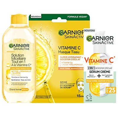 Garnier Coffret Routine Eclat 3 Produits Enrichie en Vitamine C Pour les Peaux Ternes Sérum Crème Visage (50 ml), Masque Tissu Hydratant, Eau Micellaire Tout en 1 (400 ml) Garnier Coffret Routine Eclat 3 Produits Enrichie en Vitamine C Pour les Peaux Ternes Sérum Crème Visage (50 ml), Masque Tissu Hydratant, Eau Micellaire Tout en 1 (400 ml)