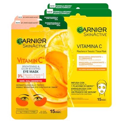 Garnier SkinActive Vitamin C Masque Contour des Yeux Illuminant Acide Hyaluronique en Tissu Biodégradable 2 Applications + Masque Visage Jetable Hydratant en Tissu Acide Hyaluronique 2 Applications Garnier SkinActive Vitamin C Masque Contour des Yeux Illuminant Acide Hyaluronique en Tissu Biodégradable 2 Applications + Masque Visage Jetable Hydratant en Tissu Acide Hyaluronique 2 Applications