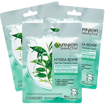 Garnier 3x SkinActive Hydra Bomb Masque Visage en Tissu Hydratant et Opacifiant avec Te Vert et Acide Hyaluronique Garnier 3x SkinActive Hydra Bomb Masque Visage en Tissu Hydratant et Opacifiant avec Te Vert et Acide Hyaluronique