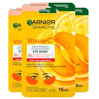 Garnier SkinActive Vitamin C Masque Contour des Yeux Illuminant Pour Tous Types de Peau avec Vitamine C Acide Hyaluronique Tissu Biodégradable 3 paquets de 1 application Garnier SkinActive Vitamin C Masque Contour des Yeux Illuminant Pour Tous Types de Peau avec Vitamine C Acide Hyaluronique Tissu Biodégradable 3 paquets de 1 application