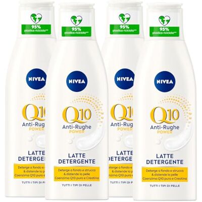 NIVEA Q10 Power Lait Nettoyant Visage Anti-Rides Démaquillant Hydratant à Action Anti-Âge Tonifiant Élastique Antioxydant 48h Formule avec Créatine pour Peaux Sensibles 4 Flacons de 200 ml NIVEA Q10 Power Lait Nettoyant Visage Anti-Rides Démaquillant Hydratant à Action Anti-Âge Tonifiant Élastique Antioxydant 48h Formule avec Créatine pour Peaux Sensibles 4 Flacons de 200 ml