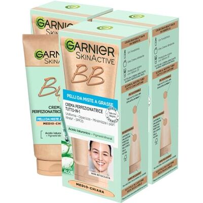 Garnier SkinActive BB Cream Crème Visage Perfectionneur Tout en 1 Peaux mélangées à grasses SPF 25 Aloe Vera Acide Hyaluronique Hydratant Opacifiant Teinte Moyenne Clair 3 Flacons de 50 ml Garnier SkinActive BB Cream Crème Visage Perfectionneur Tout en 1 Peaux mélangées à grasses SPF 25 Aloe Vera Acide Hyaluronique Hydratant Opacifiant Teinte Moyenne Clair 3 Flacons de 50 ml
