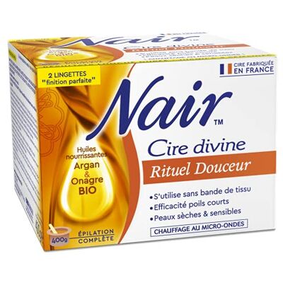 Nair Cire Rituel Douceur aux Huiles d'Argan & d'Onagre, spécial Peaux Sèches & Sensibles, Se Retire Sans Bandes, Pot de 400g + 2 Lingettes "Finition Parfaite Nair Cire Rituel Douceur aux Huiles d'Argan & d'Onagre, spécial Peaux Sèches & Sensibles, Se Retire Sans Bandes, Pot de 400g + 2 Lingettes "Finition Parfaite