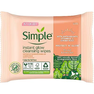 Simple Protect 'N' Glow Instant Glow Lingettes biodégradables testées dermatologiquement pour peaux sensibles, 20 lingettes Simple Protect 'N' Glow Instant Glow Lingettes biodégradables testées dermatologiquement pour peaux sensibles, 20 lingettes