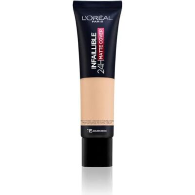 L'Oreal Paris L'Oréal Paris Fond de teint liquide matifiant à haute opacité, imperméable et durable, formule à 4% de niacinamides, couverture mate Infaillible 32H, n° 115 chaud, 30 ml L'Oreal Paris L'Oréal Paris Fond de teint liquide matifiant à haute opacité, imperméable et durable, formule à 4% de niacinamides, couverture mate Infaillible 32H, n° 115 chaud, 30 ml