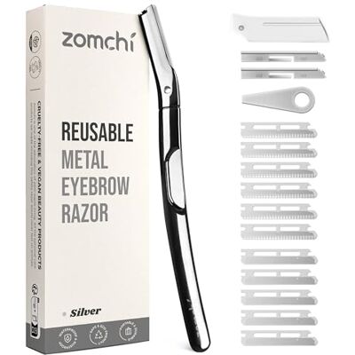 ZOMCHI Rasoir à sourcils et rasoir pour le visage pour femmes et hommes, manche en métal réutilisable avec 11 lames de recharge, rasoir Dermaplane avec capuchon de protection en silicone Argent poli ZOMCHI Rasoir à sourcils et rasoir pour le visage pour femmes et hommes, manche en métal réutilisable avec 11 lames de recharge, rasoir Dermaplane avec capuchon de protection en silicone Argent poli
