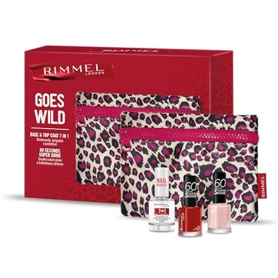 Rimmel London, Goes Wild Coffret cadeau pour femme Pochette léopard avec base & top coat 7 en 1 + deux vernis 60 Seconds Super Shine 210 Etheral + 315 Queen of Tarts Rimmel London, Goes Wild Coffret cadeau pour femme Pochette léopard avec base & top coat 7 en 1 + deux vernis 60 Seconds Super Shine 210 Etheral + 315 Queen of Tarts