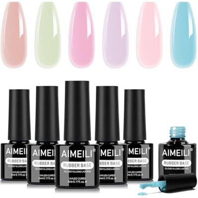 AIMEILI 5 en 1 Rubber Base Coat Néon Macaron Gel Base Caoutchouc UV LED Renforcement et Réparation de Manucure, Colle de Décorations 6 x 5ml KIT 126 AIMEILI 5 en 1 Rubber Base Coat Néon Macaron Gel Base Caoutchouc UV LED Renforcement et Réparation de Manucure, Colle de Décorations 6 x 5ml KIT 126