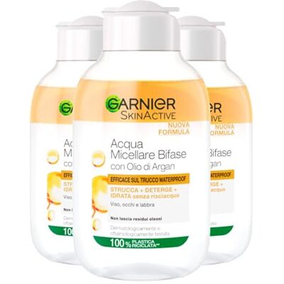 Garnier SkinActive Eau Micellaire Biphasée avec Huile d'Argan Démaquillant pour le Visage Yeux et Lèvres Enlève Maquillage Imperméable Nettoie Hydrate Sans Rinçage Taille Voyage 3 flacons de 100 ml Garnier SkinActive Eau Micellaire Biphasée avec Huile d'Argan Démaquillant pour le Visage Yeux et Lèvres Enlève Maquillage Imperméable Nettoie Hydrate Sans Rinçage Taille Voyage 3 flacons de 100 ml