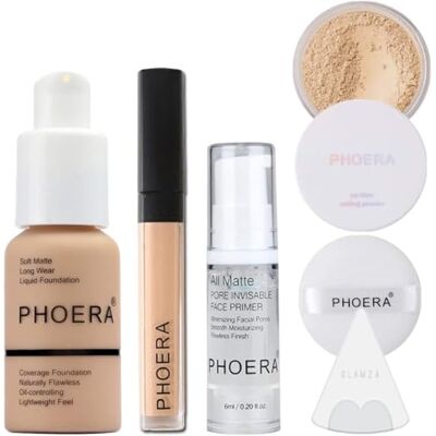 Glamza Phoera Foundation Kit de maquillage à couverture complète – Comprend un fond de teint mat Nude de 30 ml, un correcteur Phoera (neutre), un apprêt pour le visage de 6 ml, une poudre de fixation beige froid et une éponge en silicone pour une applicat Glamza Phoera Foundation Kit de maquillage à couverture complète – Comprend un fond de teint mat Nude de 30 ml, un correcteur Phoera (neutre), un apprêt pour le visage de 6 ml, une poudre de fixation beige froid et une éponge en silicone pour une applicat