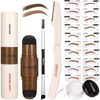 UCANBE Kit de 25 pochoirs à sourcils avec tampon bicolore, 20 pochoirs réutilisables, poudre de finition, pinceau, rasoir, pochette zippée, kit d'estampage UCANBE Kit de 25 pochoirs à sourcils avec tampon bicolore, 20 pochoirs réutilisables, poudre de finition, pinceau, rasoir, pochette zippée, kit d'estampage