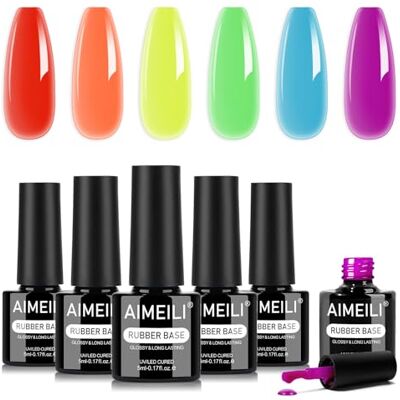 AIMEILI 5 en 1 Rubber Base Coat Néon Macaron Gel Base Caoutchouc UV LED Renforcement et Réparation de Manucure, Colle de Décorations 6 x 5ml KIT 124 AIMEILI 5 en 1 Rubber Base Coat Néon Macaron Gel Base Caoutchouc UV LED Renforcement et Réparation de Manucure, Colle de Décorations 6 x 5ml KIT 124