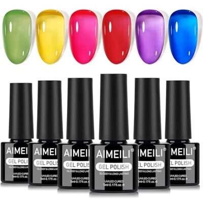 AIMEILI Vernis à Ongles Gel 6 Couleurs Transparent Néon Gelée Vernis Semi Permanent Soak Off UV LED Manucure Nail Art Longue Durée 5ml Kit 94 AIMEILI Vernis à Ongles Gel 6 Couleurs Transparent Néon Gelée Vernis Semi Permanent Soak Off UV LED Manucure Nail Art Longue Durée 5ml Kit 94