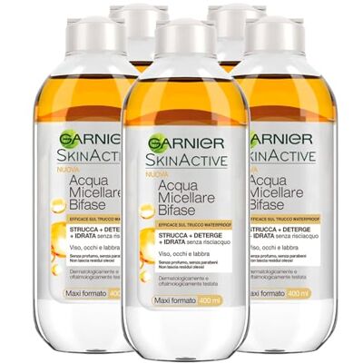 Garnier SkinActive Eau Micellaire Biphasée Sans Rinçage pour Maquillage Imperméable Action Démaquillant Nettoyant Hydratant Visage Yeux Lèvres avec Formule Sans Parfum 5 Flacons 400 ml Garnier SkinActive Eau Micellaire Biphasée Sans Rinçage pour Maquillage Imperméable Action Démaquillant Nettoyant Hydratant Visage Yeux Lèvres avec Formule Sans Parfum 5 Flacons 400 ml