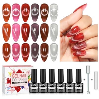 AIMEILI Vernis Gel Œil de Chat UV Brillant 6 Couleurs avec 2 Aimant KIT 118 Cat Eye Glitter, Magnétique Holographique Paillettes, Longue Tenue, Nail Art Manucure DIY à la Maison et Salon AIMEILI Vernis Gel Œil de Chat UV Brillant 6 Couleurs avec 2 Aimant KIT 118 Cat Eye Glitter, Magnétique Holographique Paillettes, Longue Tenue, Nail Art Manucure DIY à la Maison et Salon