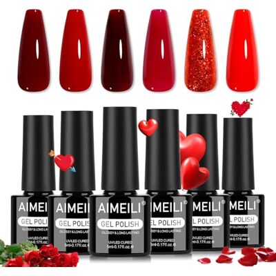AIMEILI Vernis à Ongles Gel 6 Couleurs Rouge Pailleté Brillant, Vernis Semi Permanent Soak Off UV LED Manucure Nail Art Longue Durée 5ml Kit 112 AIMEILI Vernis à Ongles Gel 6 Couleurs Rouge Pailleté Brillant, Vernis Semi Permanent Soak Off UV LED Manucure Nail Art Longue Durée 5ml Kit 112