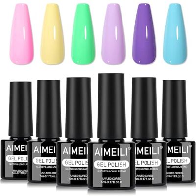 AIMEILI Vernis à Ongles Gel 6 Couleurs Bonbon Macaron Série, Vernis Semi Permanent Soak Off UV LED Manucure Nail Art Longue Durée 5ml Kit 96 AIMEILI Vernis à Ongles Gel 6 Couleurs Bonbon Macaron Série, Vernis Semi Permanent Soak Off UV LED Manucure Nail Art Longue Durée 5ml Kit 96