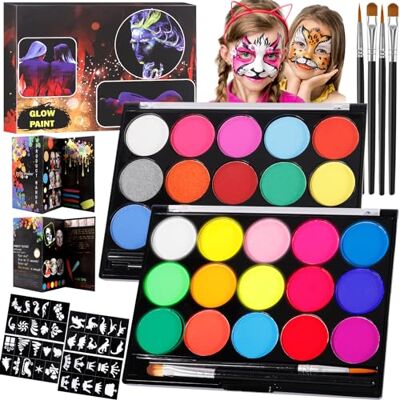 MOYKSRR Peinture Corporelle pour Le Visage, Palette de Maquillage Enfants, 30 Couleurs Peinture Visage avec 4 Pinceaux, 40 Pochoirs, Bodypainting, Peinture pour le Visage pour Halloween,Noël,Carnaval MOYKSRR Peinture Corporelle pour Le Visage, Palette de Maquillage Enfants, 30 Couleurs Peinture Visage avec 4 Pinceaux, 40 Pochoirs, Bodypainting, Peinture pour le Visage pour Halloween,Noël,Carnaval
