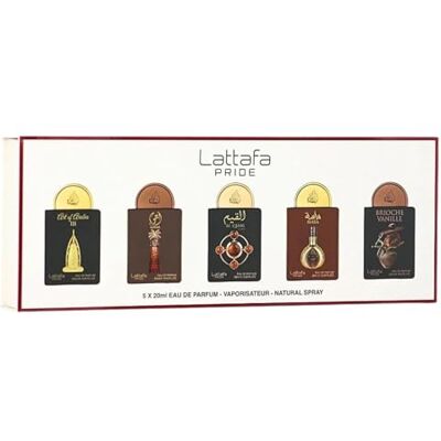 Lattafa Pride Eau de Parfum Collection N° 4 (5 x 20 ml) Coffret cadeau de luxe pour homme et femme Parfums arabes durables Mini vaporisateurs de voyage Lattafa Pride Eau de Parfum Collection N° 4 (5 x 20 ml) Coffret cadeau de luxe pour homme et femme Parfums arabes durables Mini vaporisateurs de voyage