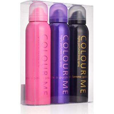 Colour Me Pink/Purple/Gold Femme Triple Pack, Fragrance for Women, 3 x 150ml Body Spray, by Milton-Lloyd Colour Me Pink/Purple/Gold Femme Triple Pack, Fragrance for Women, 3 x 150ml Body Spray, by Milton-Lloyd