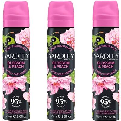 Yardley London Blossom Peach Body Spray, Floral Mist, 3x 75ml Floral Body Mist with Fresh Blossom and Peach Fragrance, 95% Natural Ingredients, Vegan and Cruelty Free, UK Made Yardley London Blossom Peach Body Spray, Floral Mist, 3x 75ml Floral Body Mist with Fresh Blossom and Peach Fragrance, 95% Natural Ingredients, Vegan and Cruelty Free, UK Made