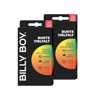 Billy Boy Lot de 2 boîtes de 10 préservatifs multicolores 52 mm Mélange de couleurs et de picots perlés Billy Boy Lot de 2 boîtes de 10 préservatifs multicolores 52 mm Mélange de couleurs et de picots perlés