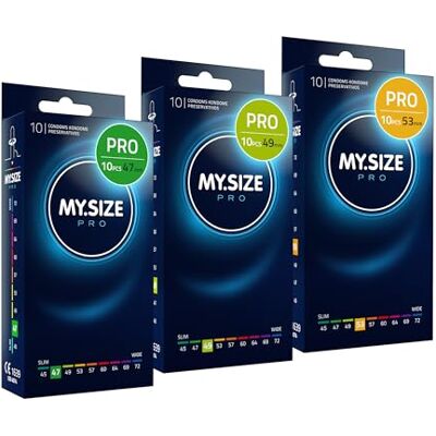 MY.SIZE Préservatifs PRO taille 1,2,3-47,49,53 mm, 3x10 préservatifs Parfaitement ajustés afin que chacun trouve sa taille MY.SIZE Préservatifs PRO taille 1,2,3-47,49,53 mm, 3x10 préservatifs Parfaitement ajustés afin que chacun trouve sa taille