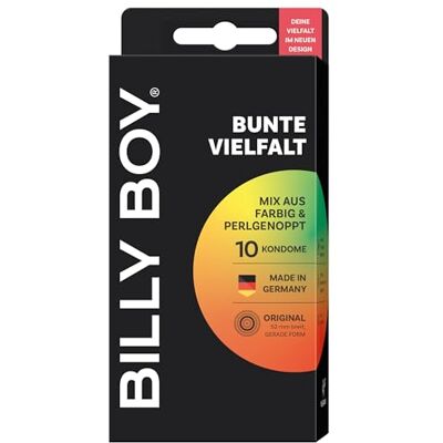 Billy Boy Lot de 10 préservatifs multicolores 52 mm Mélange de couleurs et de picots perlés (1 x 10 pièces) Billy Boy Lot de 10 préservatifs multicolores 52 mm Mélange de couleurs et de picots perlés (1 x 10 pièces)