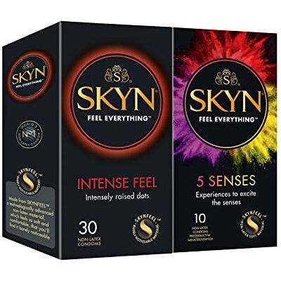 SKYN Lot de 35 Préservatifs: 30x Intense Feel (Perlé) + 5x '5 Senses' (Ultra-fin, Perlé, Cocktail, Chauffant, Effet Rafraichissant) Préservatifs Sans Latex pour Homme Taille Standard Diamètre 53mm SKYN Lot de 35 Préservatifs: 30x Intense Feel (Perlé) + 5x '5 Senses' (Ultra-fin, Perlé, Cocktail, Chauffant, Effet Rafraichissant) Préservatifs Sans Latex pour Homme Taille Standard Diamètre 53mm