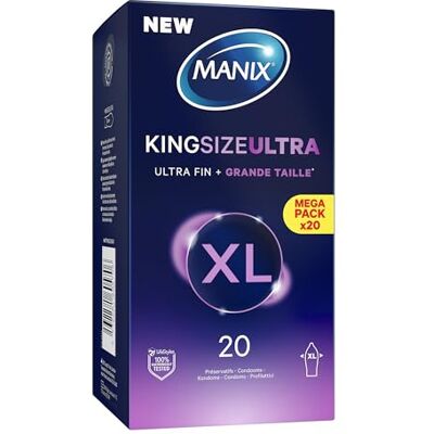 Manix King Size Ultra: Boite de 20 Préservatifs pour Homme Grande Taille Xl – Plus larges, Plus Longs et Extra Fins pour un Confort Maximal/Diamètre 56mm Manix King Size Ultra: Boite de 20 Préservatifs pour Homme Grande Taille Xl – Plus larges, Plus Longs et Extra Fins pour un Confort Maximal/Diamètre 56mm