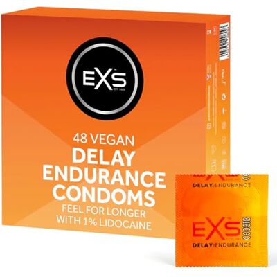 EXS Lot de 48 préservatifs Delay en latex de qualité supérieure avec lubrifiant non spermicide, à paroi droite avec tétine, préservatifs végétaliens approuvés par la PETA, durée de vie de 3 ans EXS Lot de 48 préservatifs Delay en latex de qualité supérieure avec lubrifiant non spermicide, à paroi droite avec tétine, préservatifs végétaliens approuvés par la PETA, durée de vie de 3 ans
