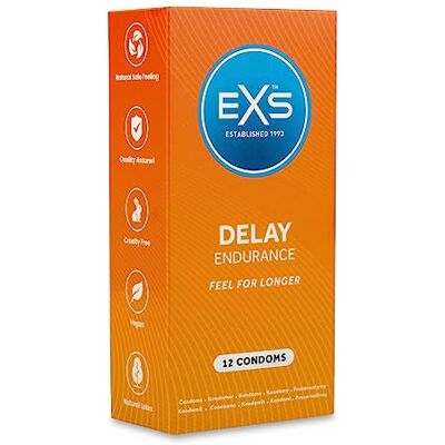 EXS Lot de 12 préservatifs Delay en latex de qualité supérieure avec lubrifiant non spermicide, à paroi droite avec tétine, préservatifs végétaliens approuvés par la PETA, durée de vie de 3 ans EXS Lot de 12 préservatifs Delay en latex de qualité supérieure avec lubrifiant non spermicide, à paroi droite avec tétine, préservatifs végétaliens approuvés par la PETA, durée de vie de 3 ans