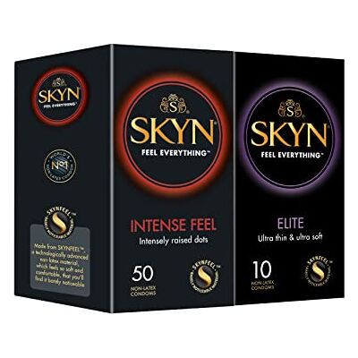 SKYN Lot de 60 : Intense Feel (50 Préservatifs Perlés) & Elite (10 Préservatifs Ultra Fins) / Préservatifs sans latex feel pour Homme, de taille régulière, forme droite/Diamètre 53mm SKYN Lot de 60 : Intense Feel (50 Préservatifs Perlés) & Elite (10 Préservatifs Ultra Fins) / Préservatifs sans latex feel pour Homme, de taille régulière, forme droite/Diamètre 53mm