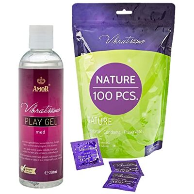Vibratissimo Préservatifs Nature lot de 100 unités & gel lubrifiant I Boîte de préservatifs extra lubrifiés couleur naturelle I Préservatifs ultra fins & sensationnels I Contraception I L=53mm Vibratissimo Préservatifs Nature lot de 100 unités & gel lubrifiant I Boîte de préservatifs extra lubrifiés couleur naturelle I Préservatifs ultra fins & sensationnels I Contraception I L=53mm