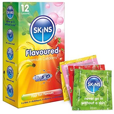 SKINS Boîte de 12 préservatifs 3x Menthe, 3x Roses, 3x Bananes et 3x Fraises SKINS Boîte de 12 préservatifs 3x Menthe, 3x Roses, 3x Bananes et 3x Fraises