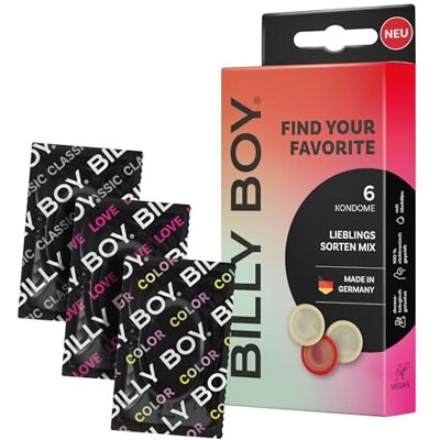 Billy Boy TROUVEZ VOTRE FAVORITE Lot de 6 préservatifs en latex 2 x beaucoup de sensation, 2 x l'amour plus longtemps, 2 x diversité colorée Billy Boy TROUVEZ VOTRE FAVORITE Lot de 6 préservatifs en latex 2 x beaucoup de sensation, 2 x l'amour plus longtemps, 2 x diversité colorée