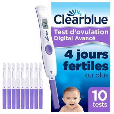 Clearblue Test d’Ovulation Digital Avancé, 1 Appareil Digital Et 10 Tests, Détecte des jours de fertilité élevée supplémentaires pour vous offrir davantage de chances de concevoir Clearblue Test d’Ovulation Digital Avancé, 1 Appareil Digital Et 10 Tests, Détecte des jours de fertilité élevée supplémentaires pour vous offrir davantage de chances de concevoir