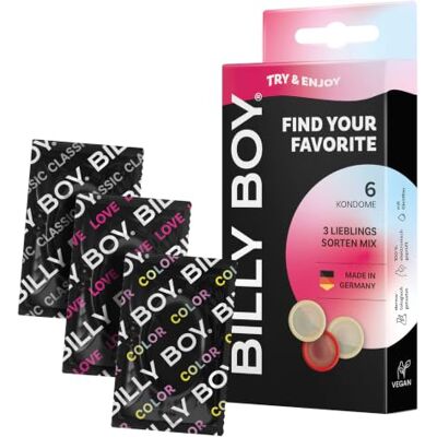Billy Boy FIND YOUR FAVORITE Préservatifs Lot de 6 préservatifs 2 x beaucoup de sensation, 2 x amour plus long, 2 x diversité colorée Préservatifs en latex Billy Boy FIND YOUR FAVORITE Préservatifs Lot de 6 préservatifs 2 x beaucoup de sensation, 2 x amour plus long, 2 x diversité colorée Préservatifs en latex