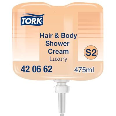 Tork Luxury Mini crème de douche corps et cheveux 3-en-1 S2, parfum argan vanille, 8 x 475 ml, 420662 Tork Luxury Mini crème de douche corps et cheveux 3-en-1 S2, parfum argan vanille, 8 x 475 ml, 420662