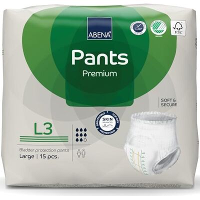 ABENA Pants Lot de 15 culottes d'incontinence à enfiler de qualité supérieure pour homme et femme, discrètes, protectrices, respirantes, confortables Taille L 3, tour de taille 100-140 cm ABENA Pants Lot de 15 culottes d'incontinence à enfiler de qualité supérieure pour homme et femme, discrètes, protectrices, respirantes, confortables Taille L 3, tour de taille 100-140 cm