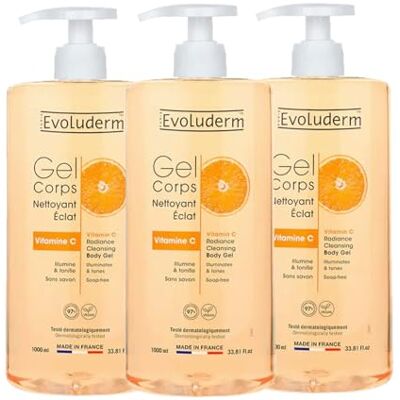Evoluderm – Gel Corps Nettoyant Éclat Vitamine C – 1000 ml – 97% d’Origine Naturelle – Végan – Fabrication Française Lot de 3 x 1000ml Evoluderm – Gel Corps Nettoyant Éclat Vitamine C – 1000 ml – 97% d’Origine Naturelle – Végan – Fabrication Française Lot de 3 x 1000ml