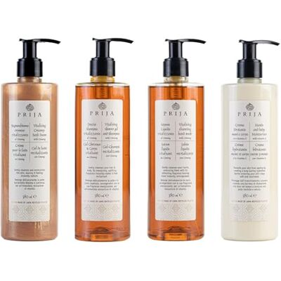 Prija -Set XL 4x 380 ml de Savon Liquide, Shampooing pour Peau et Cheveux, Lotion Corporelle, Bain Crème Prija -Set XL 4x 380 ml de Savon Liquide, Shampooing pour Peau et Cheveux, Lotion Corporelle, Bain Crème