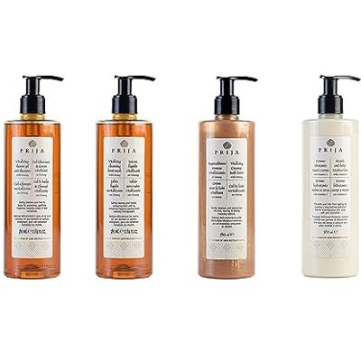 Prija -Set XL 4x 380 ml de Savon Liquide, Shampooing pour Peau et Cheveux, Lotion Corporelle, Bain Crème Prija -Set XL 4x 380 ml de Savon Liquide, Shampooing pour Peau et Cheveux, Lotion Corporelle, Bain Crème