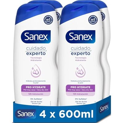 Sanex Soin Expert Pro Hydrate Gel douche, Pack de 4 unités x 600 ml, formule avec prébiotiques naturels, hydrate profondément la peau, 12H hydratation, 0% sulfate, pour peaux très sèches Sanex Soin Expert Pro Hydrate Gel douche, Pack de 4 unités x 600 ml, formule avec prébiotiques naturels, hydrate profondément la peau, 12H hydratation, 0% sulfate, pour peaux très sèches