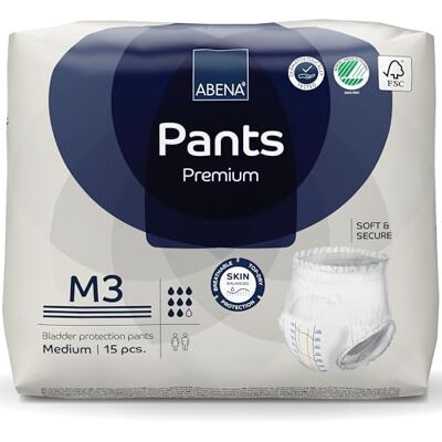 ABENA Pants Lot de 15 culottes d'incontinence à enfiler de qualité supérieure pour homme et femme, discrètes, protectrices, respirantes, confortables, taille M 3, tour de taille 80-110 cm, absorption ABENA Pants Lot de 15 culottes d'incontinence à enfiler de qualité supérieure pour homme et femme, discrètes, protectrices, respirantes, confortables, taille M 3, tour de taille 80-110 cm, absorption