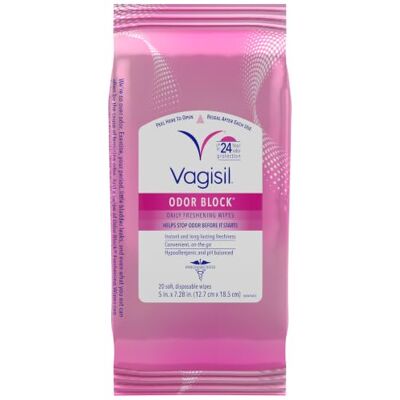 Vagisil Odor Block Lingettes rafraîchissantes quotidiennes pour hygiène féminine dans une pochette rechargeable, testées par gynecologiste et hypoallergéniques, 20 paquets (lot de 1) Vagisil Odor Block Lingettes rafraîchissantes quotidiennes pour hygiène féminine dans une pochette rechargeable, testées par gynecologiste et hypoallergéniques, 20 paquets (lot de 1)