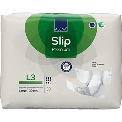 ABENA Slip Premium Lot de 20 serviettes d'incontinence tout-en-un pour homme et femme, serviettes écologiques pour incontinence pour femme, taille L 3, tour de taille 100-150 cm, absorption 3400 ml, 20 pièces ABENA Slip Premium Lot de 20 serviettes d'incontinence tout-en-un pour homme et femme, serviettes écologiques pour incontinence pour femme, taille L 3, tour de taille 100-150 cm, absorption 3400 ml, 20 pièces