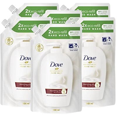 Dove 6 x Où Eco-Recharge Soie Précieuse Nettoyant Liquide Hydratant Savon Mains Peau Lisse et Souple 6 Recharges de 500 ml Dove 6 x Où Eco-Recharge Soie Précieuse Nettoyant Liquide Hydratant Savon Mains Peau Lisse et Souple 6 Recharges de 500 ml