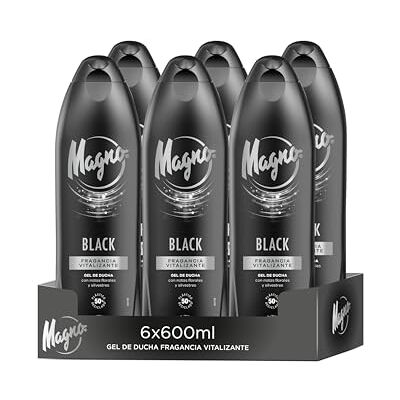 Magno Gel douche Black Energy Pack de 6 de 600 ml (3600 ml) Parfum énergisant aux notes d'agrumes Magno Gel douche Black Energy Pack de 6 de 600 ml (3600 ml) Parfum énergisant aux notes d'agrumes