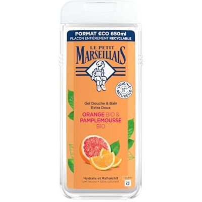 Le Petit Marseillais Gel Douche & Bain Extra Doux Orange Bio & Pamplemousse Bio (flacon de 650 ml) – 92% d'ingrédients d'origine naturelle – pH neutre pour la peau et sans colorant Le Petit Marseillais Gel Douche & Bain Extra Doux Orange Bio & Pamplemousse Bio (flacon de 650 ml) – 92% d'ingrédients d'origine naturelle – pH neutre pour la peau et sans colorant